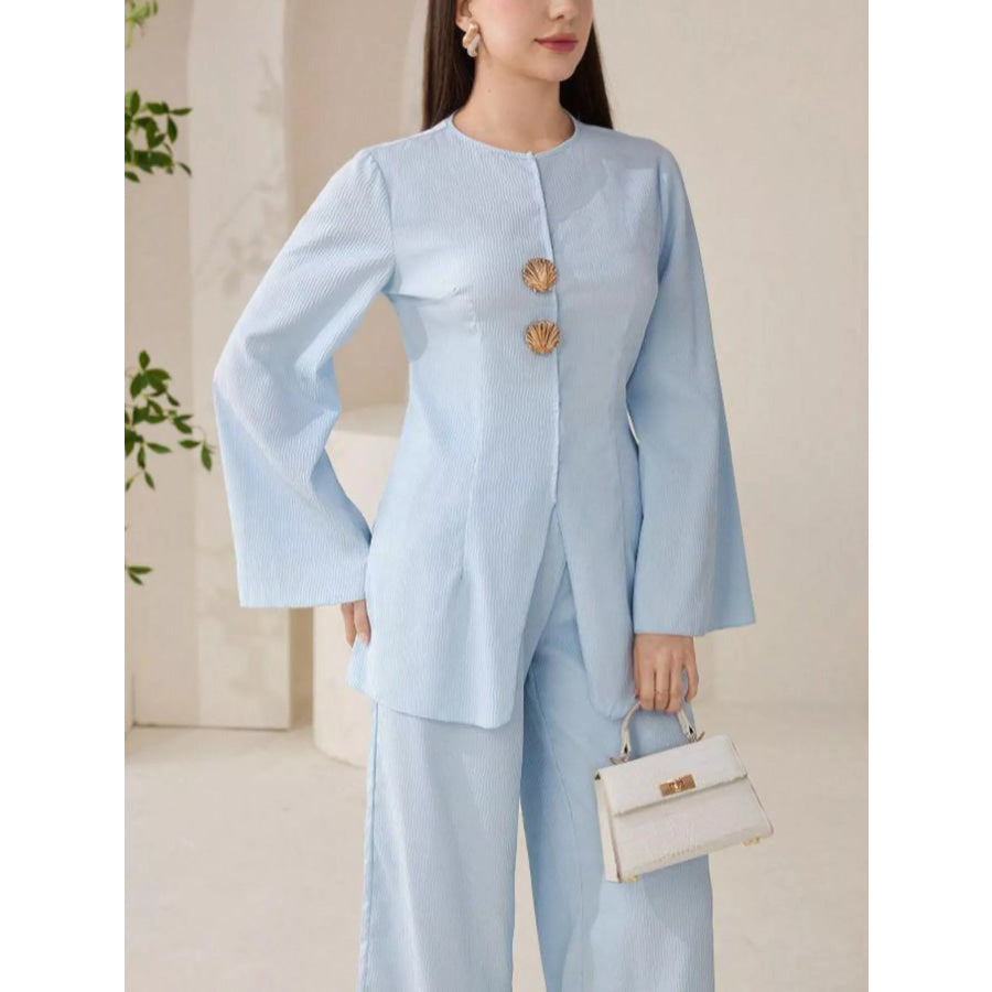 Shell Button Long Sleeve Shirt and Pants Set Blue / S Apparel and Accessories
