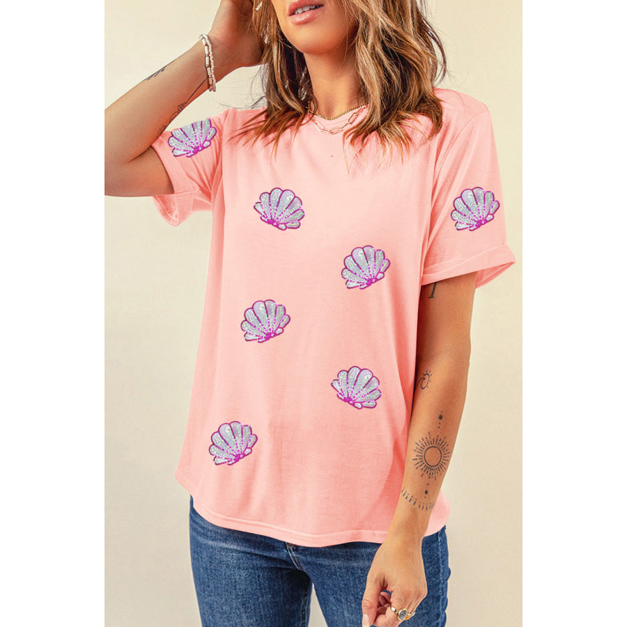 Shell Round Neck Short Sleeve T - Shirt Peach / S Apparel and Accessories