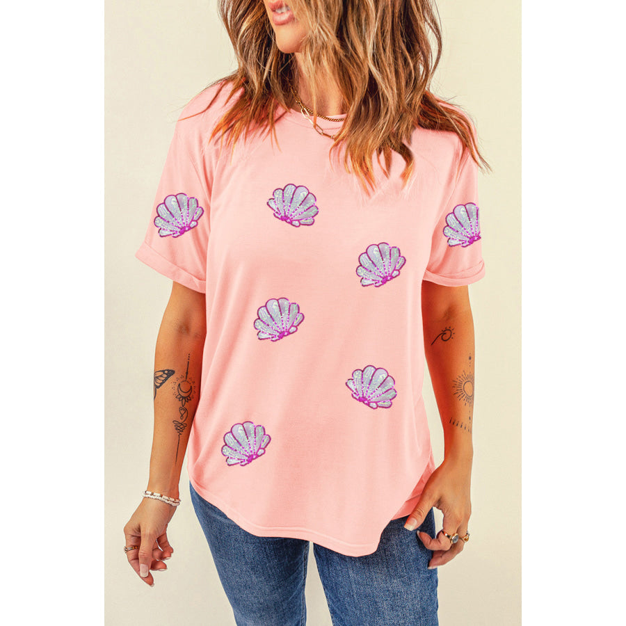 Shell Round Neck Short Sleeve T - Shirt Peach / S Apparel and Accessories