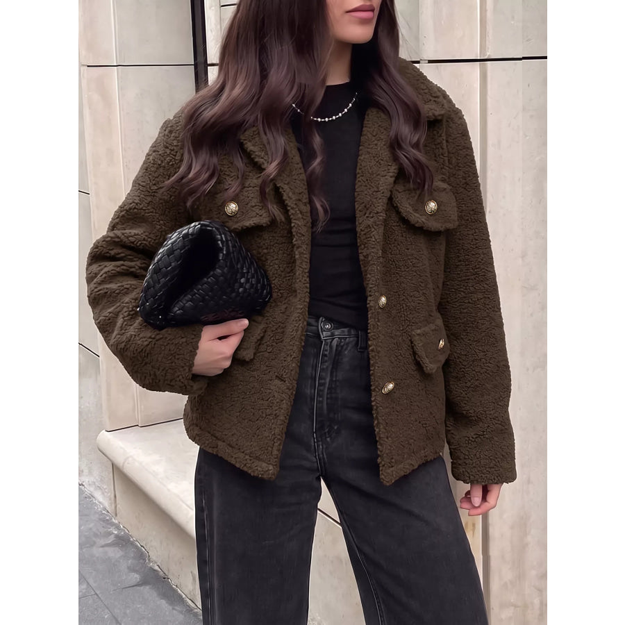 Sherpa Button Up Outerwear Coffee Brown / S Apparel and Accessories