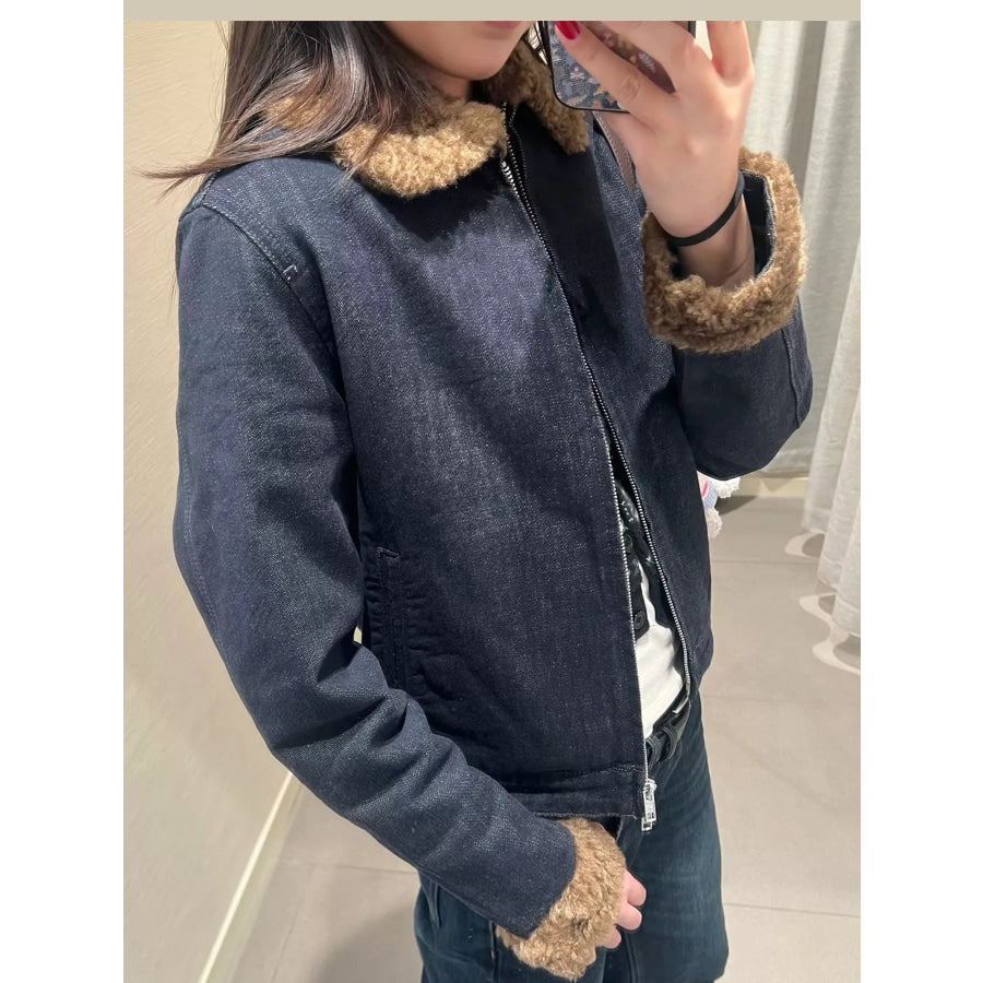 Sherpa Collar Zip Up Denim Jacket Apparel and Accessories