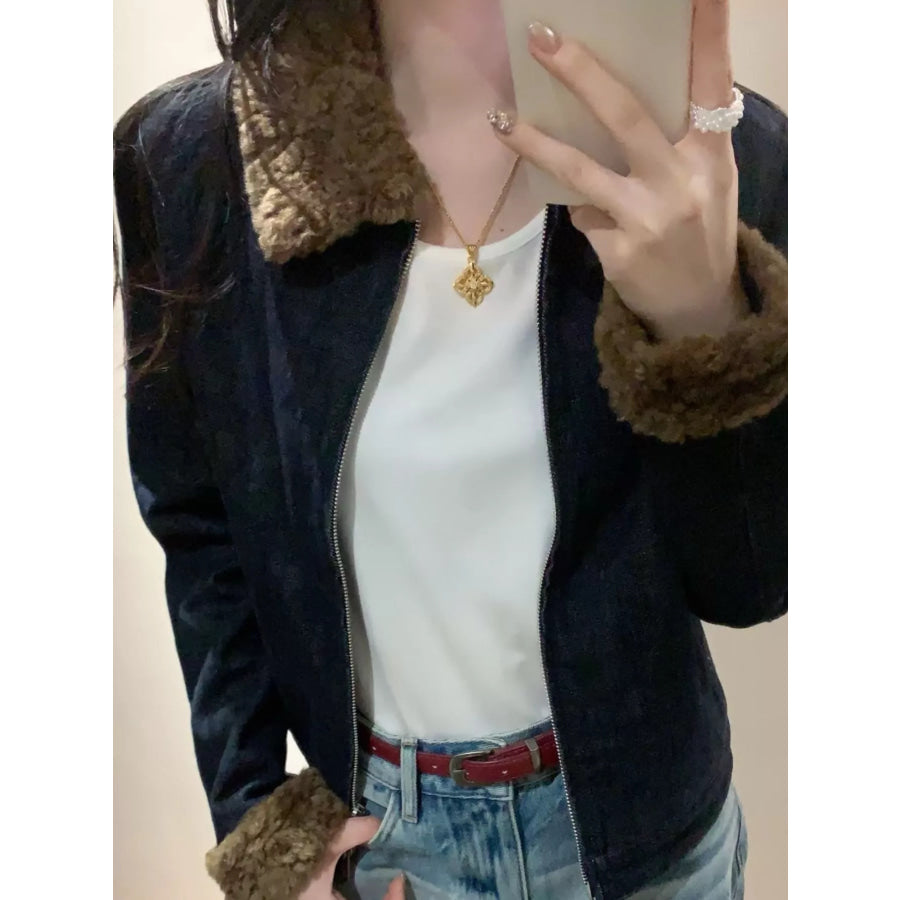 Sherpa Collar Zip Up Denim Jacket Original / S Apparel and Accessories
