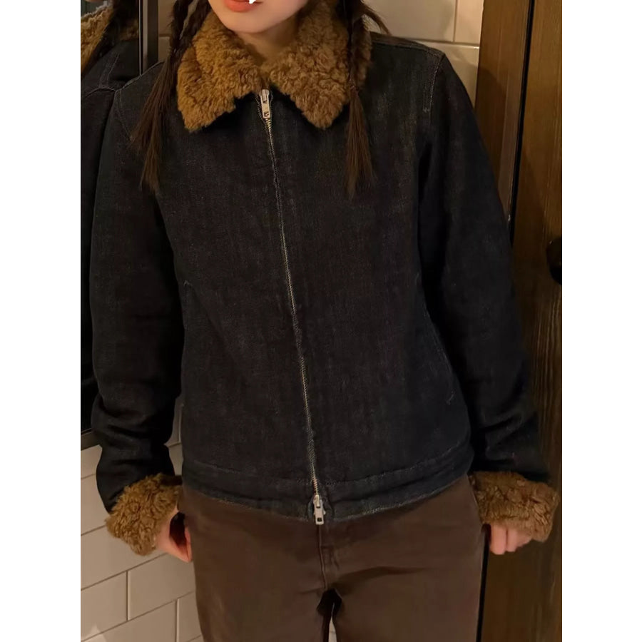 Sherpa Collar Zip Up Denim Jacket Apparel and Accessories