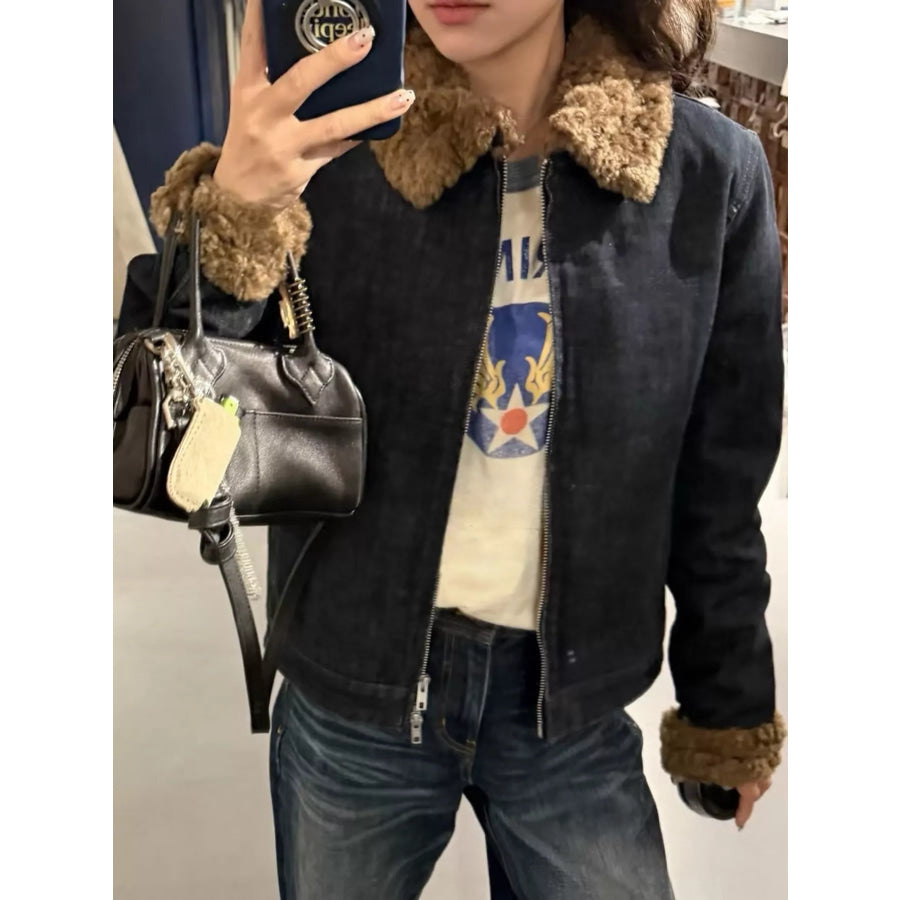 Sherpa Collar Zip Up Denim Jacket Apparel and Accessories