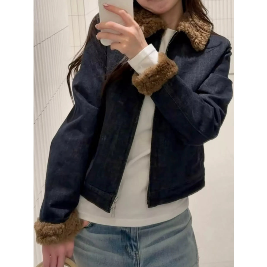 Sherpa Collar Zip Up Denim Jacket Apparel and Accessories