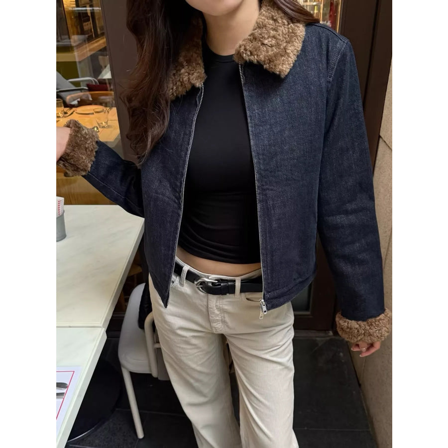 Sherpa Collar Zip Up Denim Jacket Apparel and Accessories