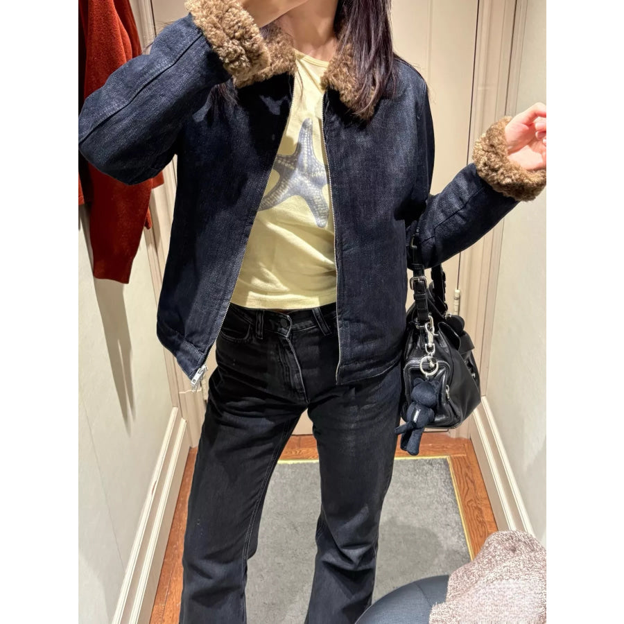 Sherpa Collar Zip Up Denim Jacket Original / S Apparel and Accessories