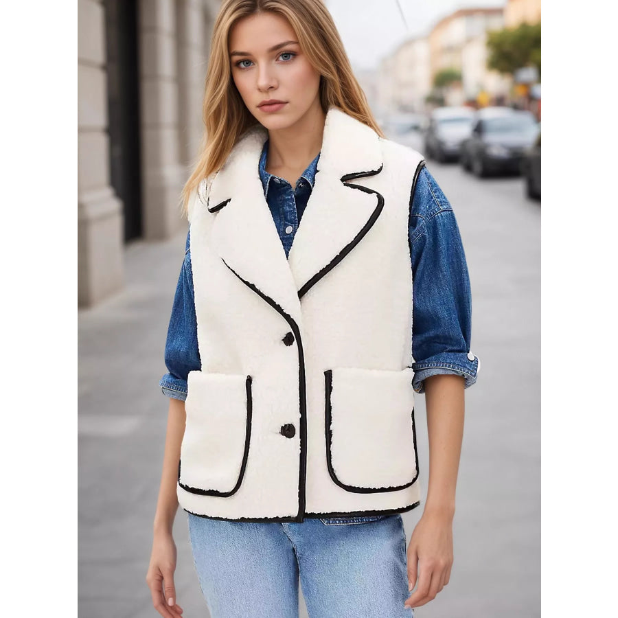 Sherpa Fleece Vest Coat with Contrast Trim White / S Apparel and Accessories