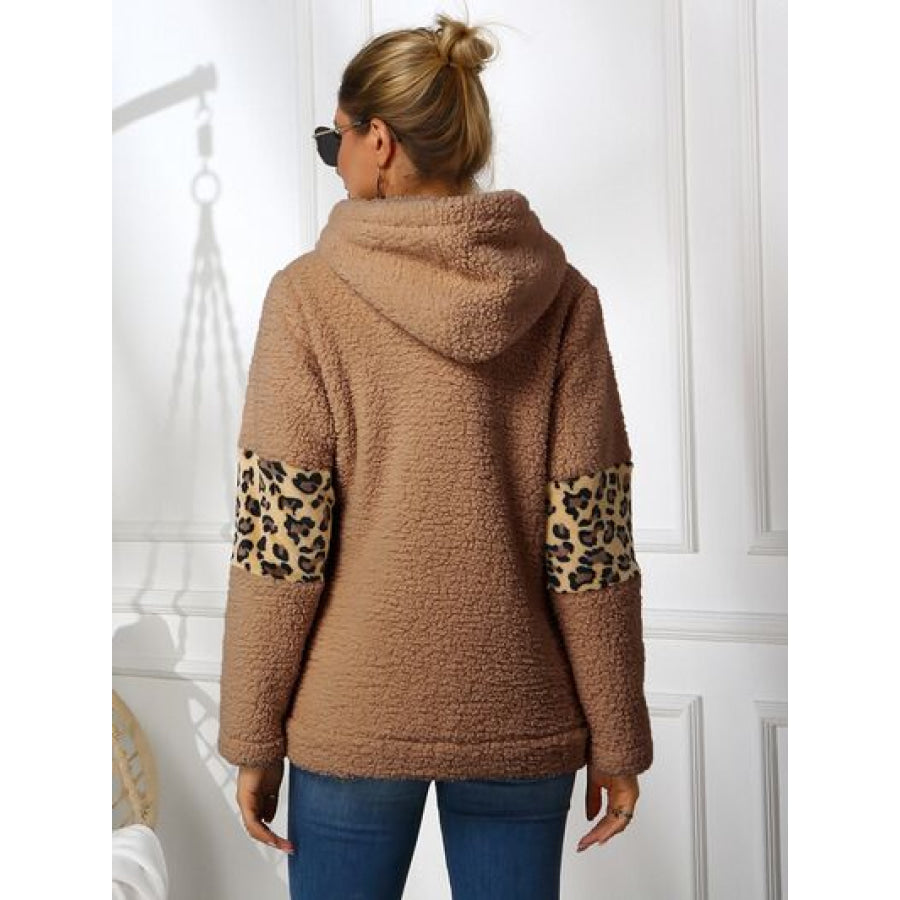 Sherpa Leopard Long Sleeve Hoodie Camel / S Apparel and Accessories
