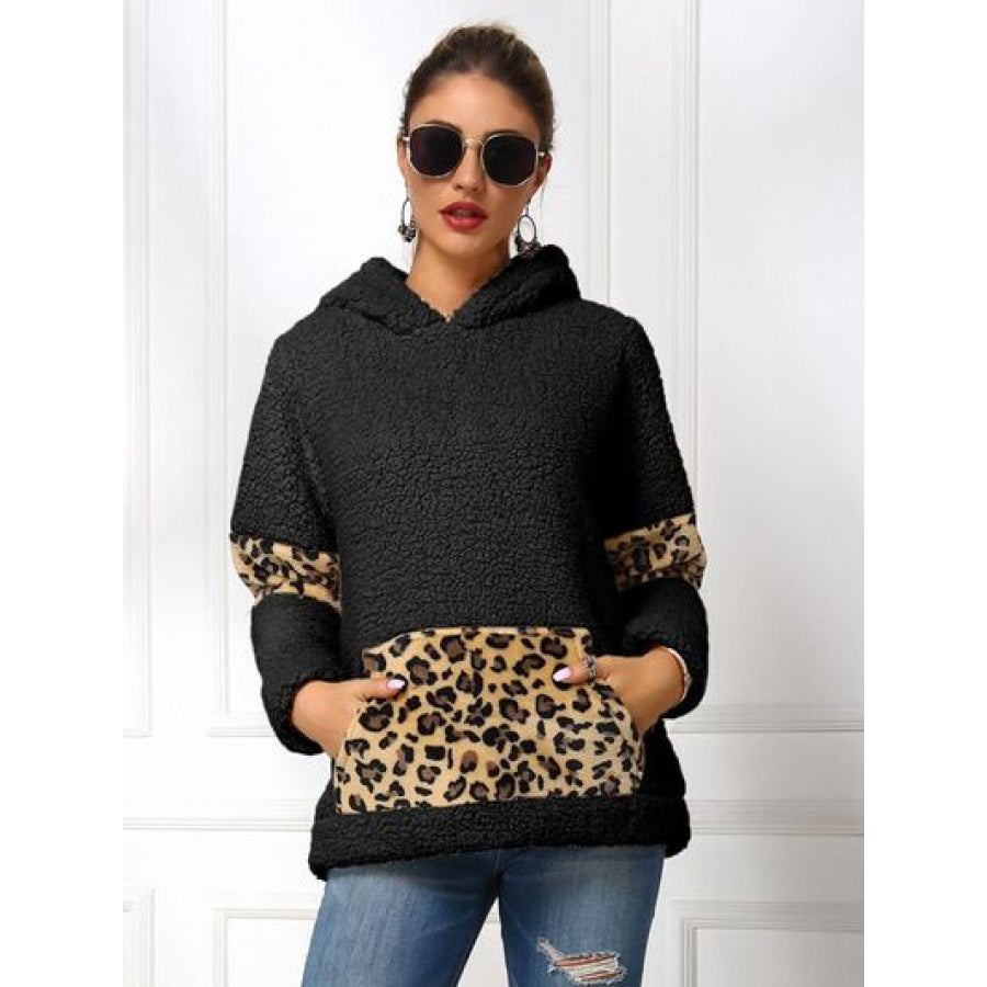 Sherpa Leopard Long Sleeve Hoodie Black / S Apparel and Accessories