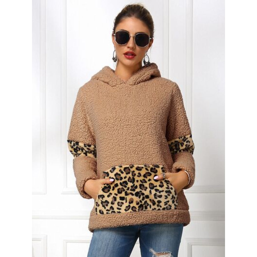 Sherpa Leopard Long Sleeve Hoodie Camel / S Apparel and Accessories