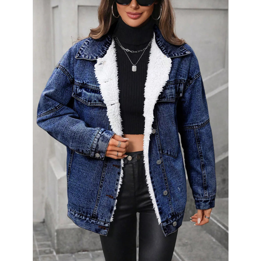 Sherpa-Lined Button Up Denim Jacket Dark Blue / XS Apparel and Accessories