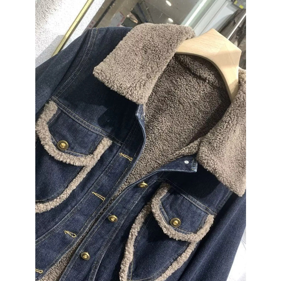 Sherpa-Lined Denim Jacket with Contrast Trim Blue / S Apparel and Accessories