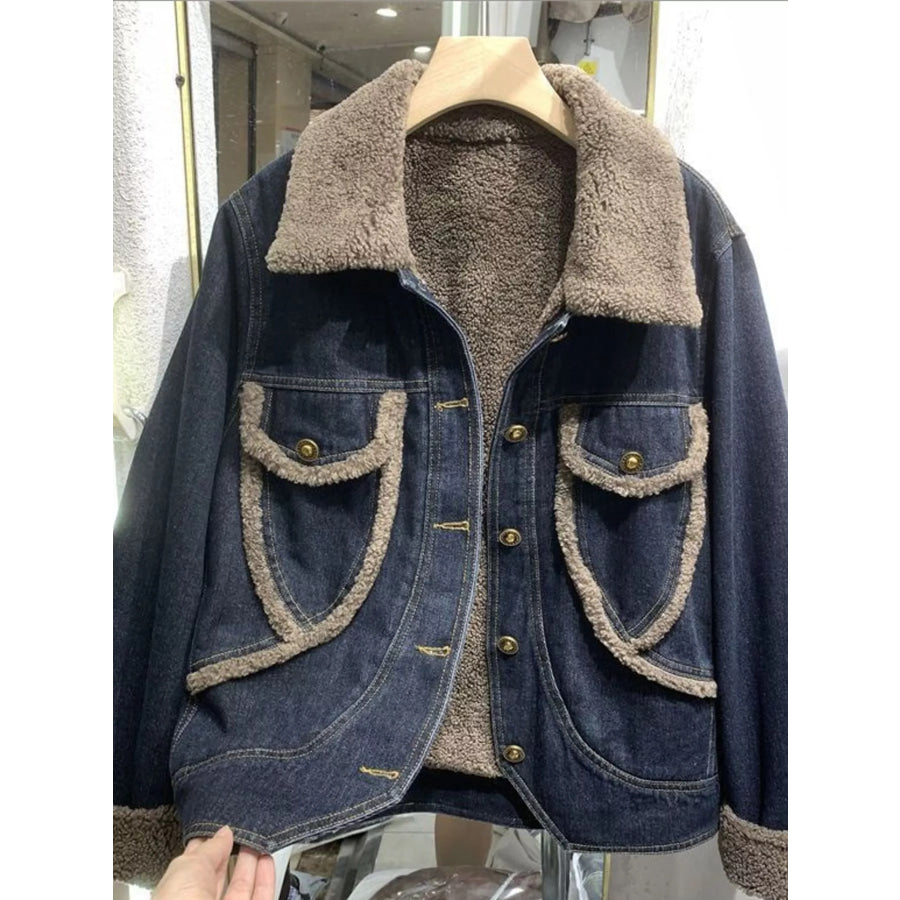 Sherpa-Lined Denim Jacket with Contrast Trim Blue / S Apparel and Accessories
