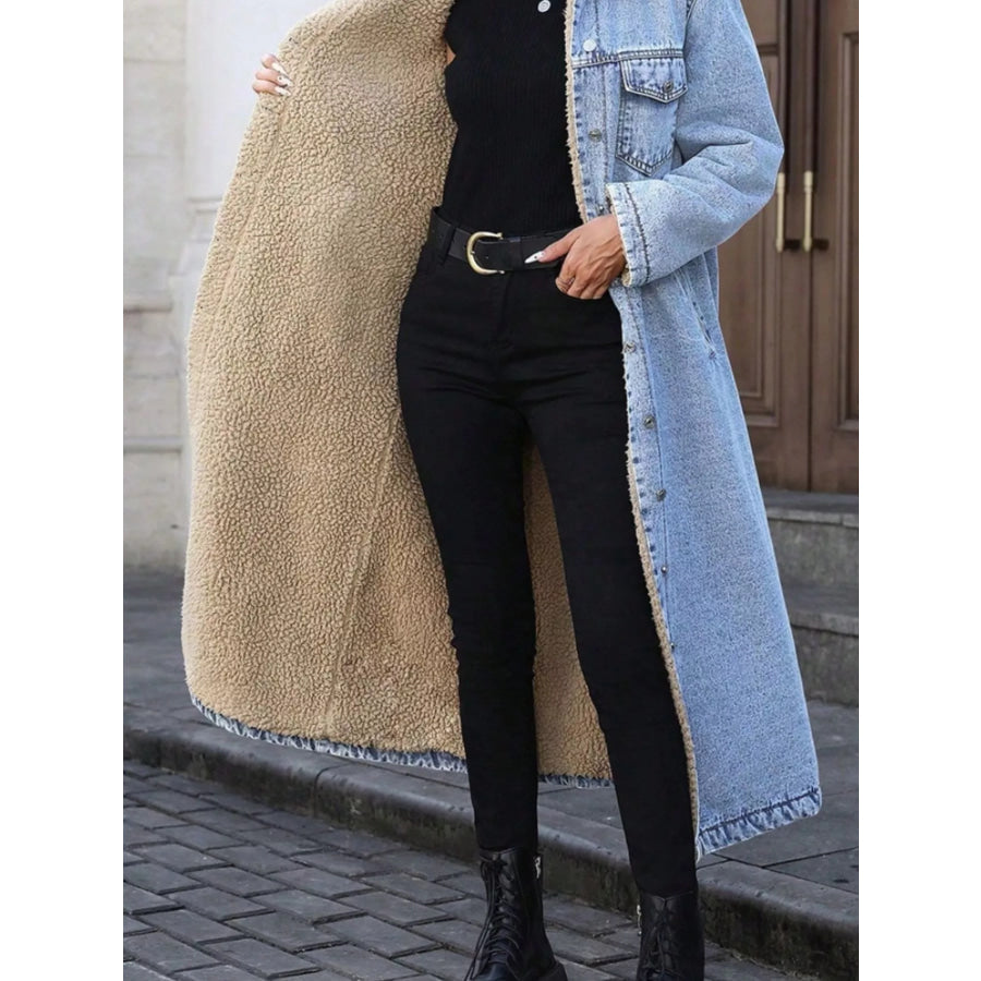 Sherpa Lined Longline Denim Jacket Apparel and Accessories
