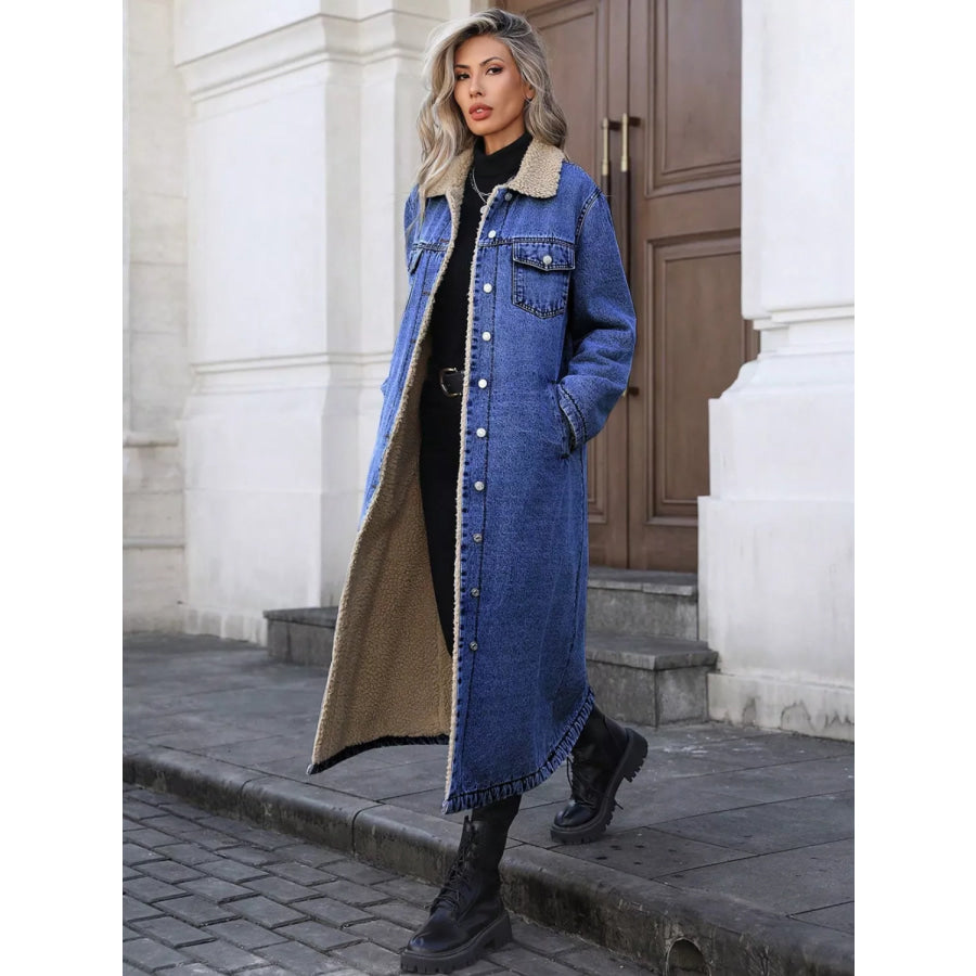 Sherpa Lined Longline Denim Jacket Apparel and Accessories