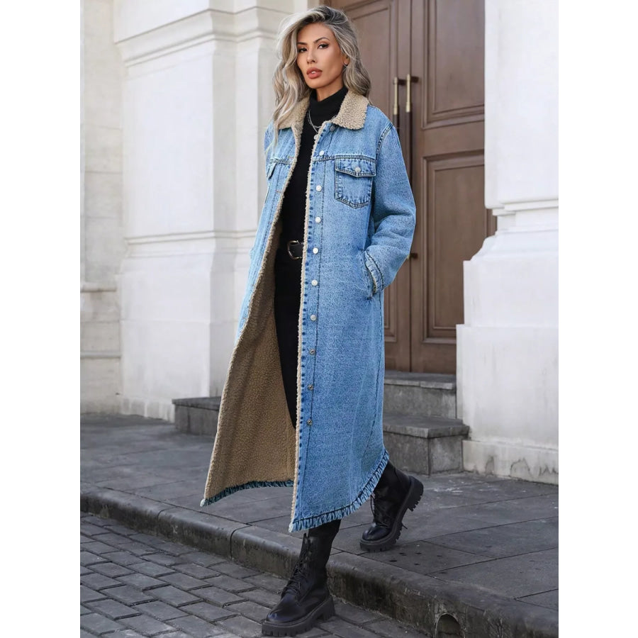 Sherpa Lined Longline Denim Jacket Apparel and Accessories