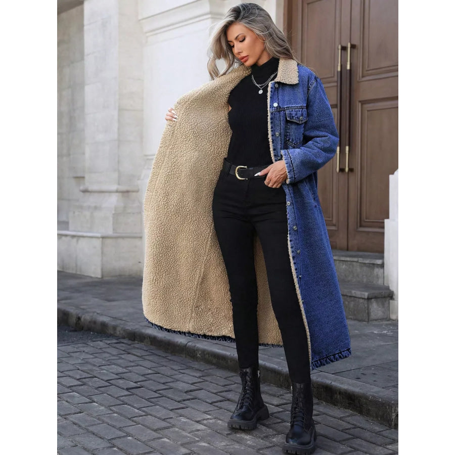 Sherpa Lined Longline Denim Jacket Apparel and Accessories