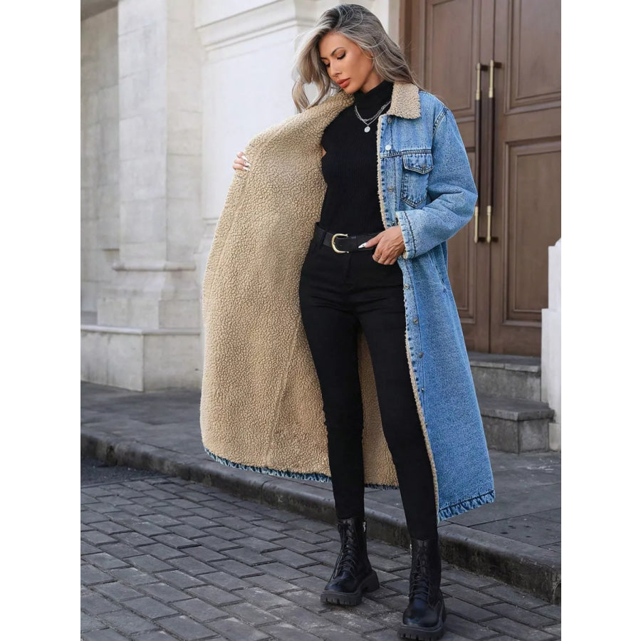 Sherpa Lined Longline Denim Jacket Apparel and Accessories