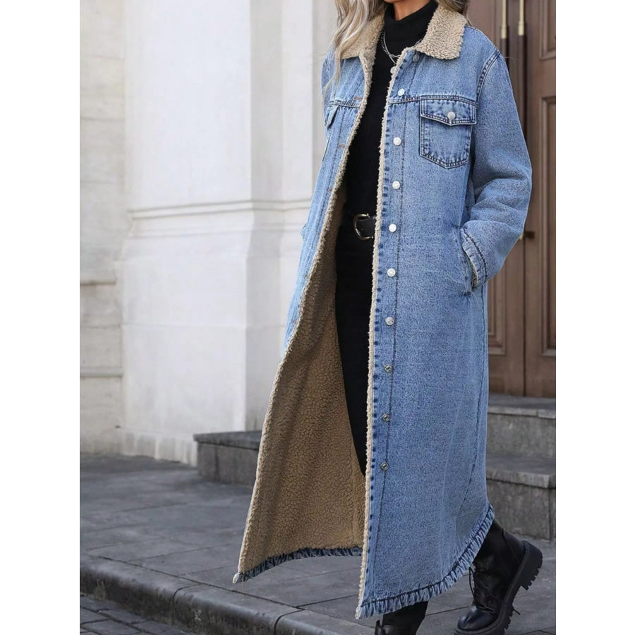 Sherpa Lined Longline Denim Jacket Apparel and Accessories