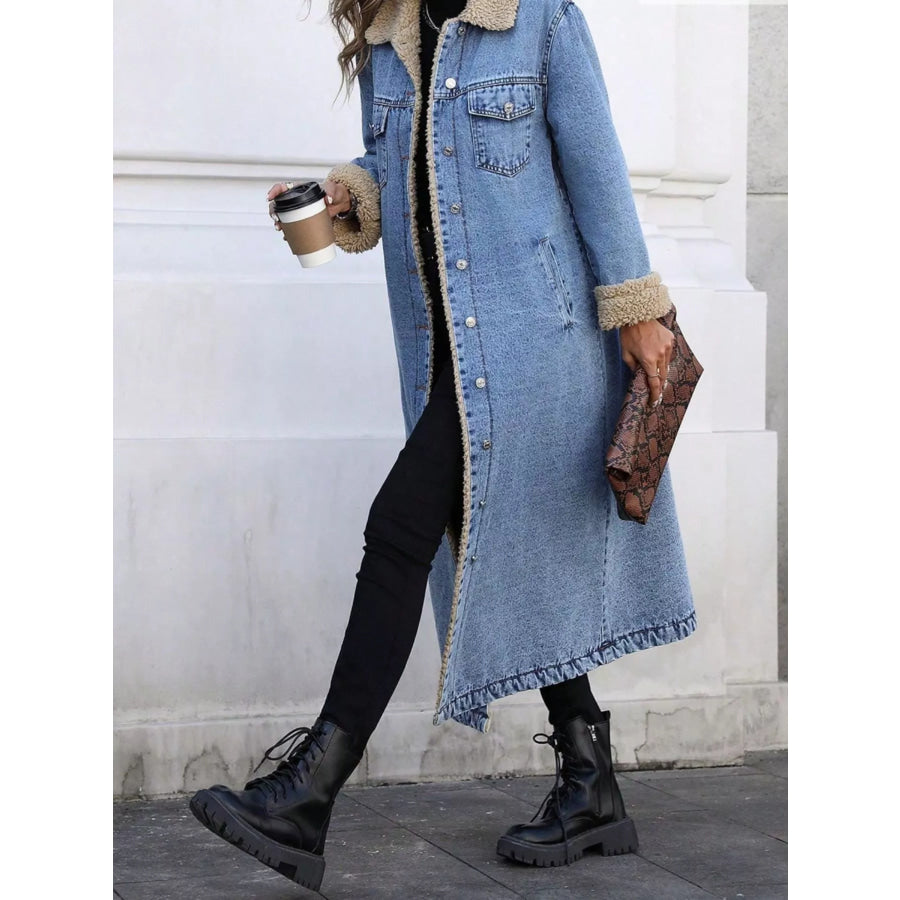 Sherpa Lined Longline Denim Jacket Apparel and Accessories