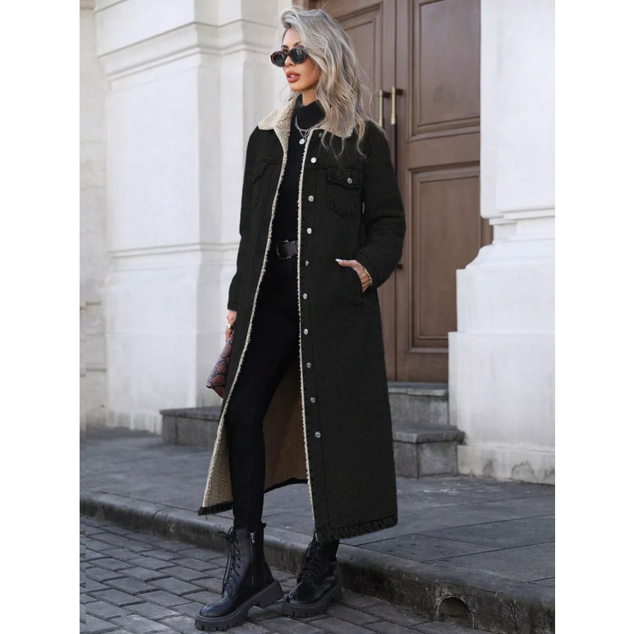 Sherpa Lined Longline Denim Jacket Black / XS Apparel and Accessories