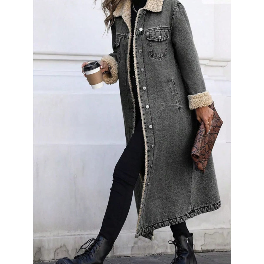 Sherpa Lined Longline Denim Jacket Dark Gray / XS Apparel and Accessories