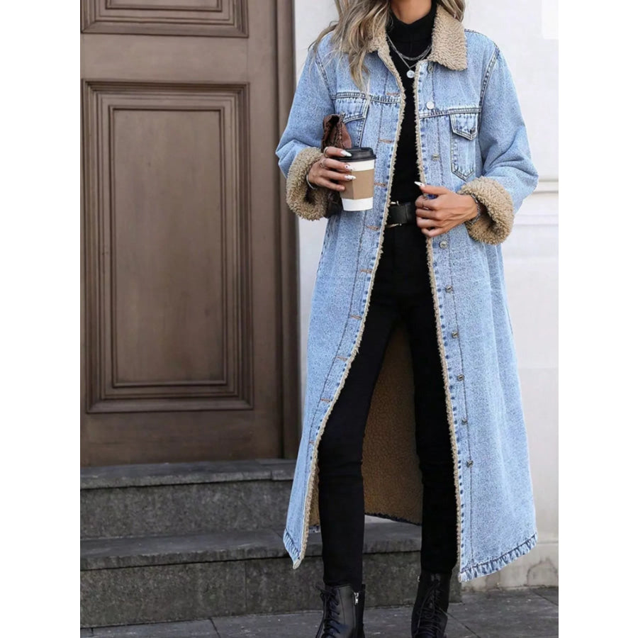 Sherpa Lined Longline Denim Jacket Light Blue / XS Apparel and Accessories