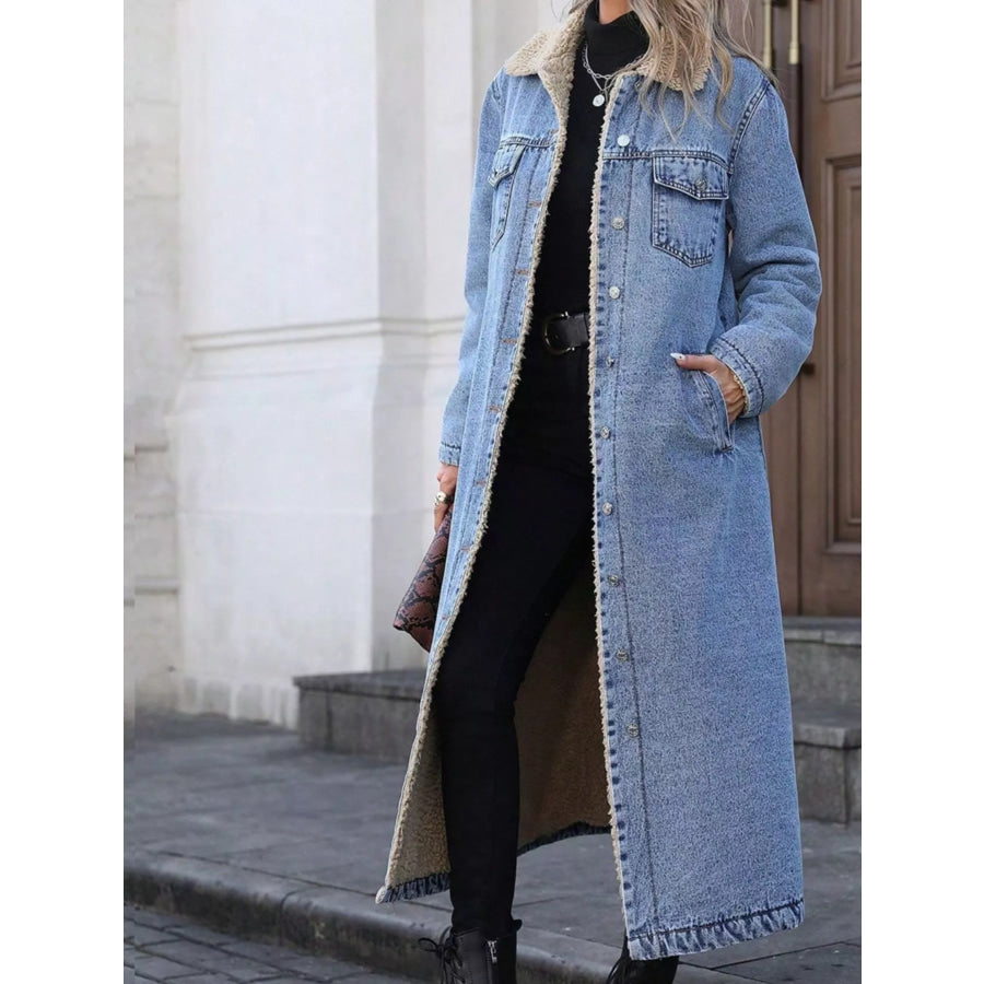 Sherpa Lined Longline Denim Jacket Light / XS Apparel and Accessories
