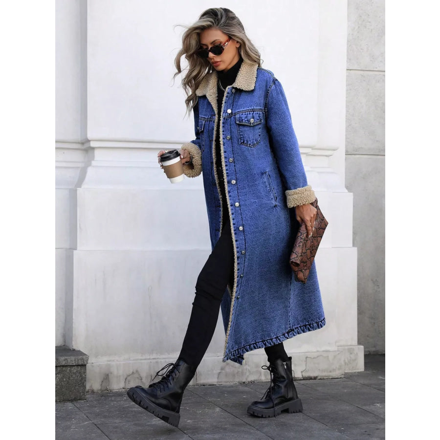 Sherpa Lined Longline Denim Jacket Royal Blue / XS Apparel and Accessories