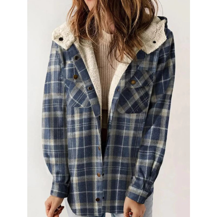Sherpa-Lined Plaid Hooded Jacket Blue Grid / S Apparel and Accessories