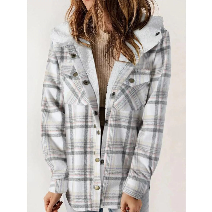 Sherpa-Lined Plaid Hooded Jacket Gray / S Apparel and Accessories