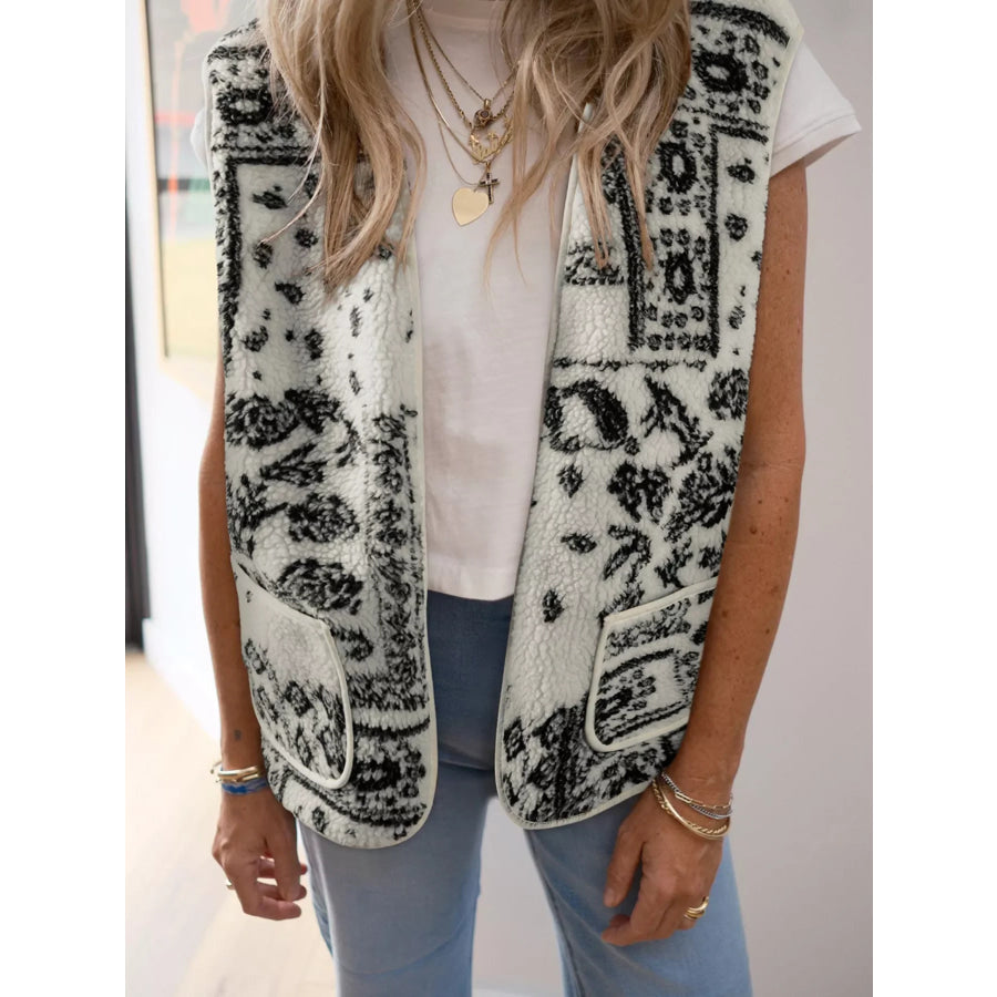 Sherpa Paisley Print Pocketed Western Fashion Vest Jacket White / S Apparel and Accessories