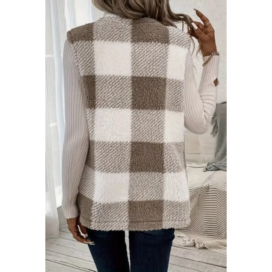 Sherpa Plaid Open Front Vest Coat Clothing