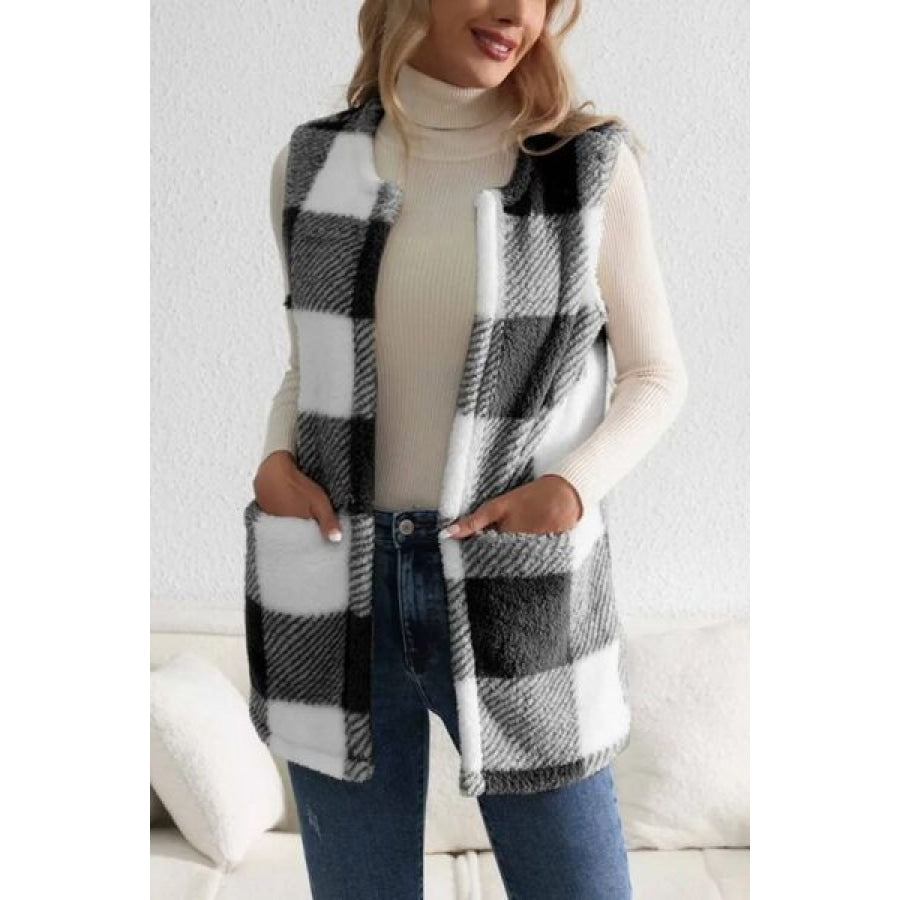 Sherpa Plaid Open Front Vest Coat Clothing