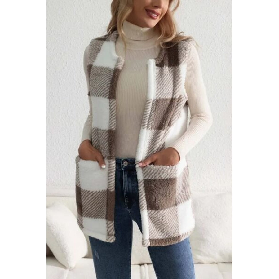 Sherpa Plaid Open Front Vest Coat Clothing