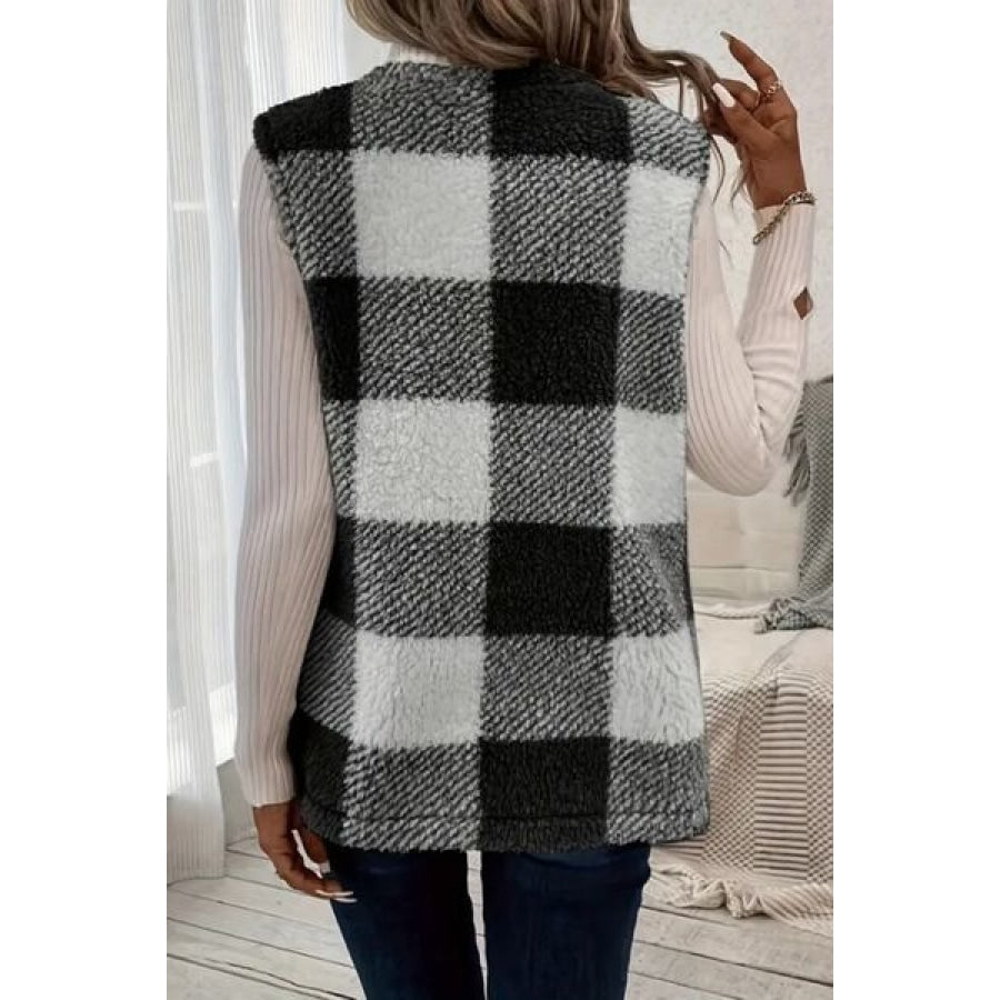 Sherpa Plaid Open Front Vest Coat Black / S Clothing