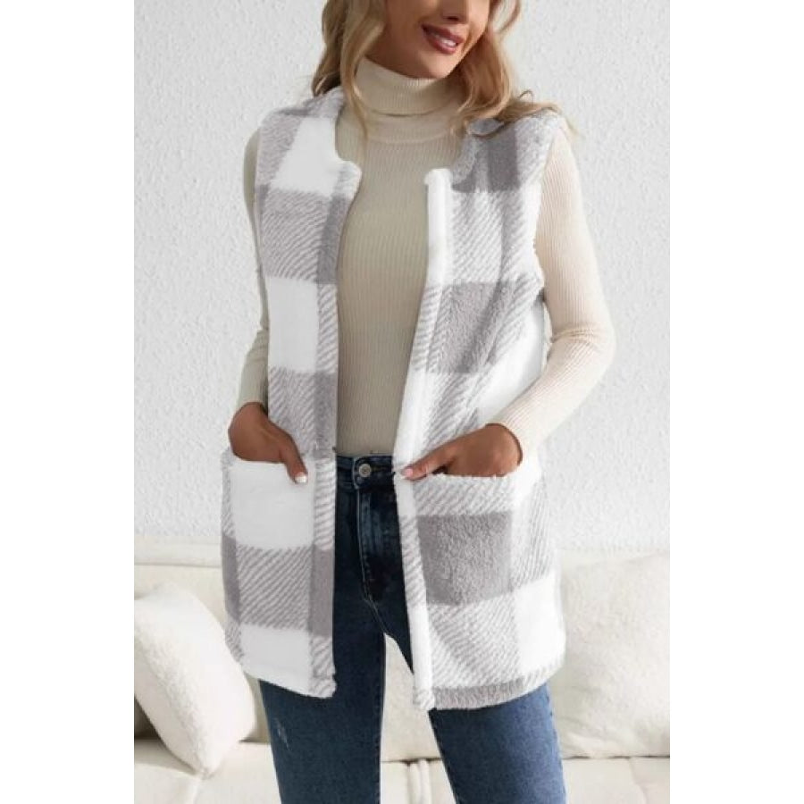 Sherpa Plaid Open Front Vest Coat Clothing