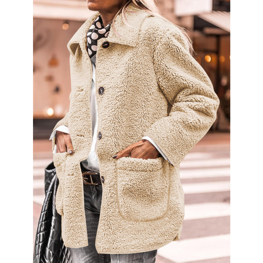 Sherpa Pocketed Collared Neck Long Sleeve Jacket Beige / S Apparel and Accessories