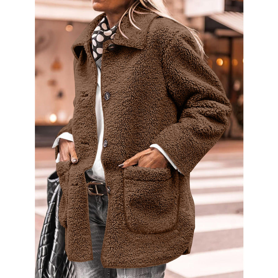 Sherpa Pocketed Collared Neck Long Sleeve Jacket Brown / S Apparel and Accessories