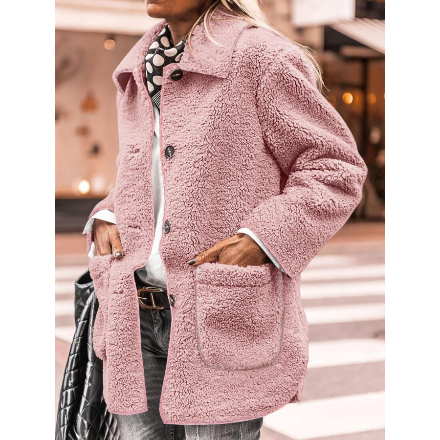 Sherpa Pocketed Collared Neck Long Sleeve Jacket Dusty Pink / S Apparel and Accessories