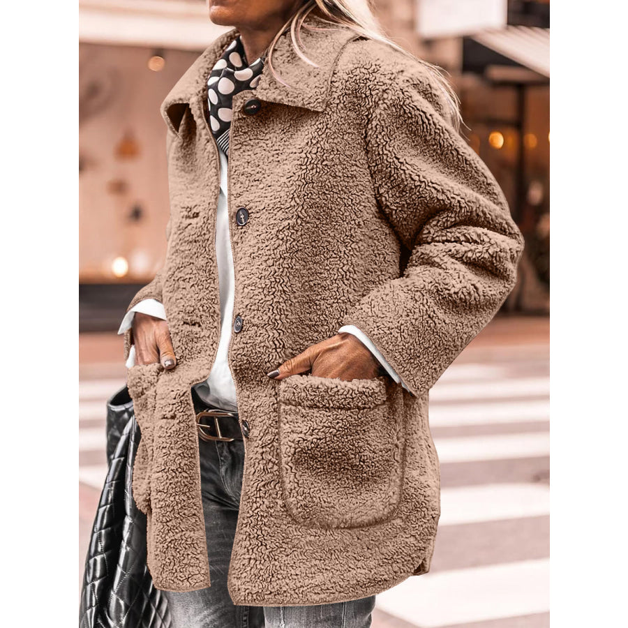 Sherpa Pocketed Collared Neck Long Sleeve Jacket Taupe / S Apparel and Accessories