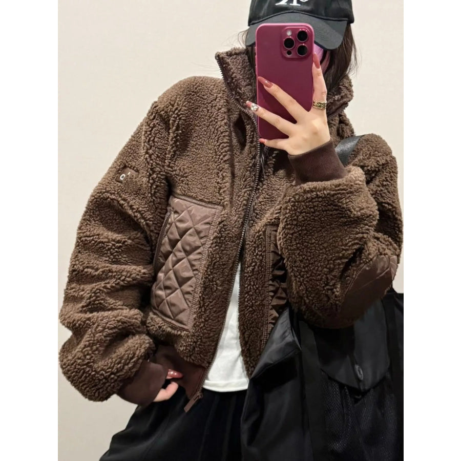 Sherpa Quilted Zip Up Jacket Coffee / XS Apparel and Accessories