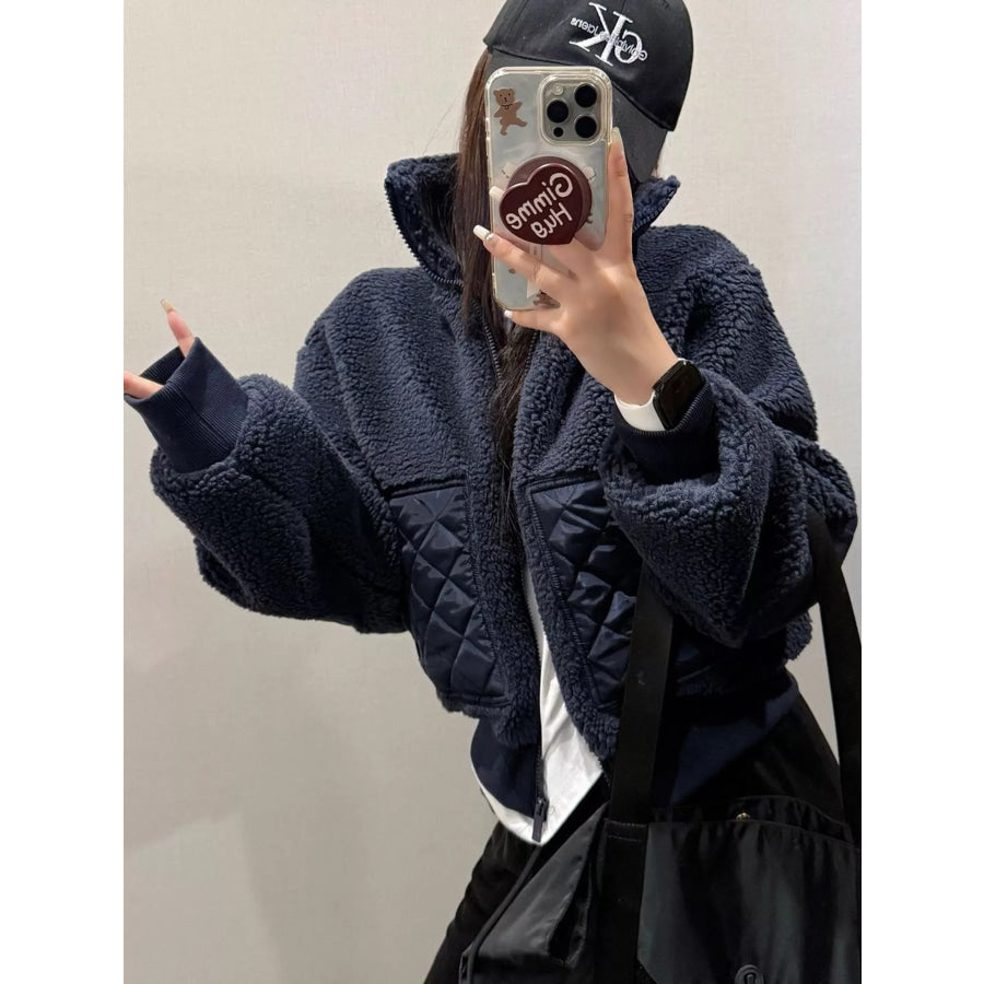 Sherpa Quilted Zip Up Jacket Navy / XS Apparel and Accessories