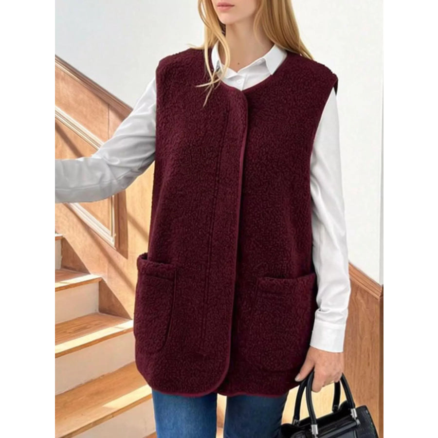 Sherpa Sleeveless Vest Coat Burgundy / S Apparel and Accessories