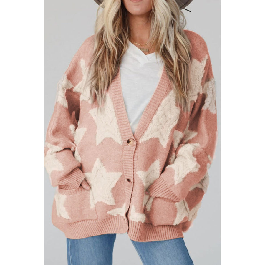 Sherpa Star V-Neck Cardigan with Pockets Dusty Pink / S Apparel and Accessories