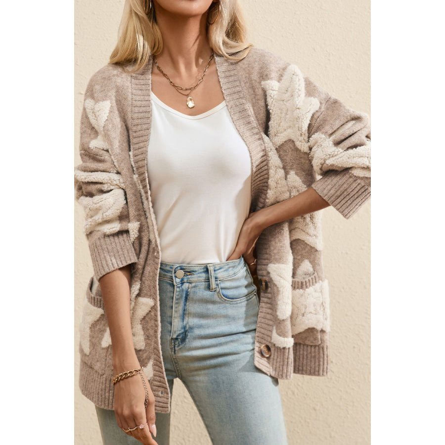 Sherpa Star V-Neck Cardigan with Pockets Khaki / S Apparel and Accessories