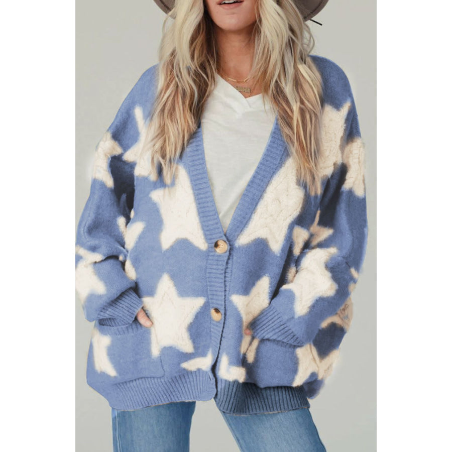 Sherpa Star V-Neck Cardigan with Pockets Sky Blue / S Apparel and Accessories