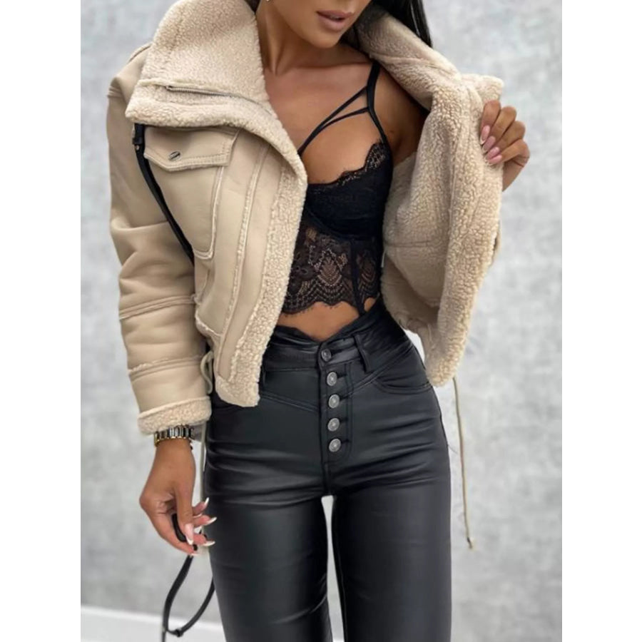 Sherpa Trim Cropped Jacket Beige / S Apparel and Accessories