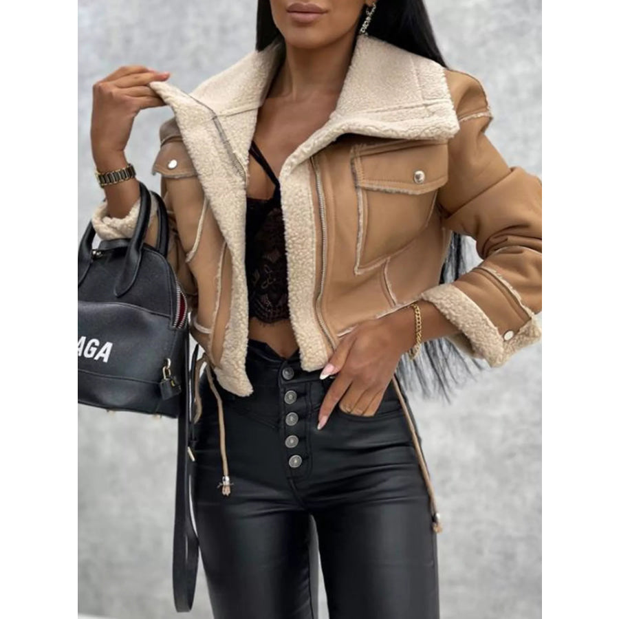 Sherpa Trim Cropped Jacket Khaki / S Apparel and Accessories
